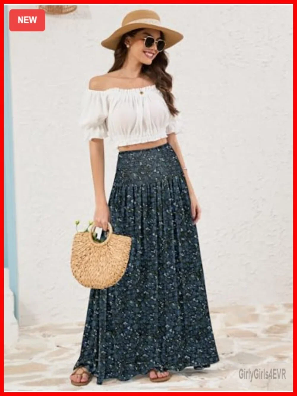 Womens Maxi Skirt Smocked Boho Flowy Casual Long Skirt High Waisted